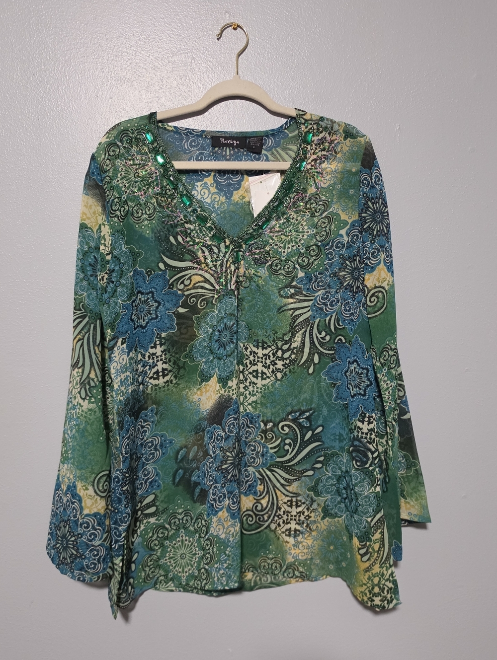 RAVIYA Tunic Blouse Womens Large Green Blue Beaded Boho Forest Fairy Bell Sleeve - Picture 2 of 14